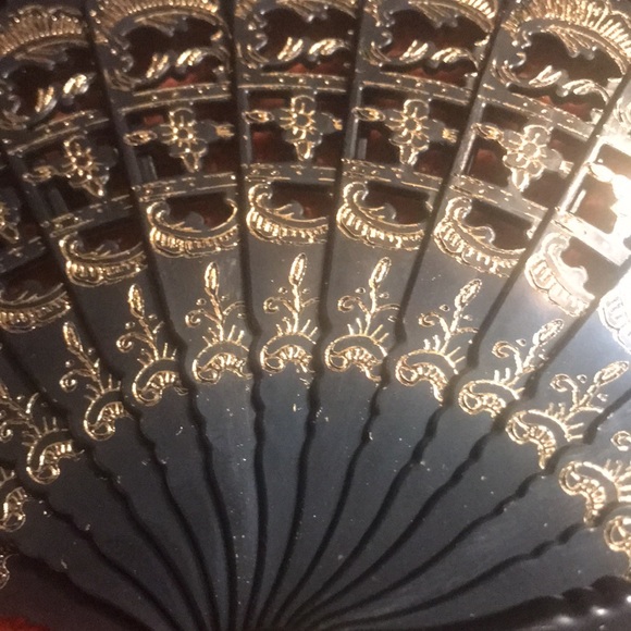Japanese Hand Embroidered Black Hand Fan with Gold detailing - Picture 5 of 7